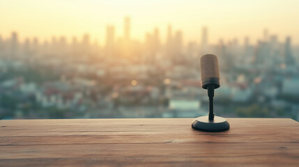 Naklejka na ściany i meble A microphone is sitting on a wooden table in front of a city skyline