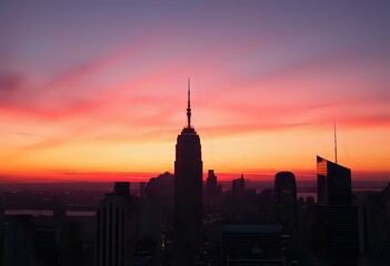 Obraz premium Stunning City Skyline at Sunset with Tallest Building - Deep Orange Sky