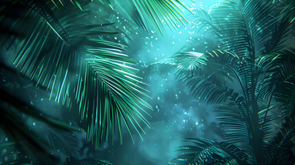 Fototapeta premium Quantum palm archive, binary light through frond patterns, aqua bioluminescent air plants processing data, quantum-state tropical birds, ocean mist probabilities, photorealistic trunk textures, digita