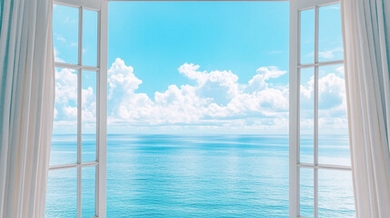 A bright window close-up with a beautiful light blue ocean view