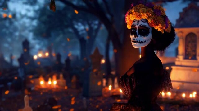 Elegant Katrina in a candlelit cemetery, honoring the dead with marigolds and flickering candles. Perfect for Halloween and D&iacute;a de los Muertos, capturing the spirit of the holiday