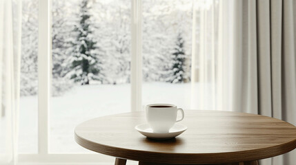 A white cup of coffee on a round wooden table in front of a bright window with a winter landscape view