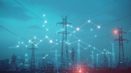 Electricity transmission towers with orange glowing wires the starry night sky. Energy infrastructure concept, energy, electricity, voltage, supply, pylon, technology
