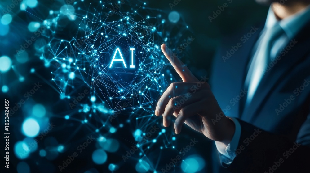 Aufkleber In this AI circuit board, the symbol of the electronic PCB circuit icon is shown on a businessman's hand that is touching the circuit board with cyberpunk neon cyberspace lighting. Innovative