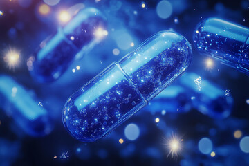 Floating Blue Capsules with Sparkling Effect