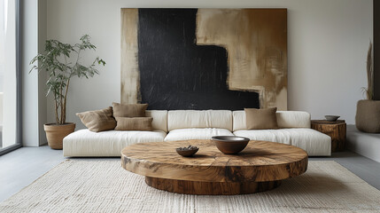 Modern Living Room with Large Wooden Coffee Table & Abstract Art on Wall