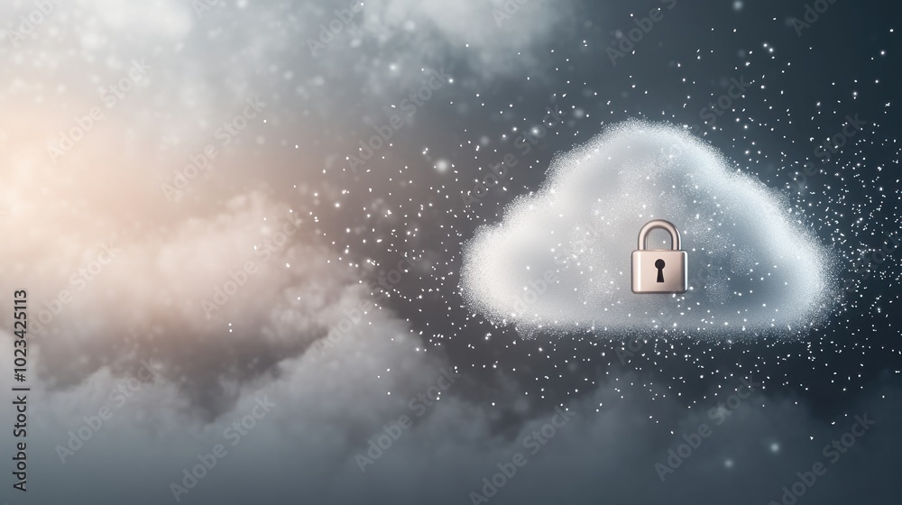 Poster cloud with a padlock symbolizing data security and privacy in digital storage.