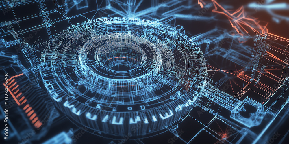 Poster Futuristic engine rotating with visible connections and data flowing through it