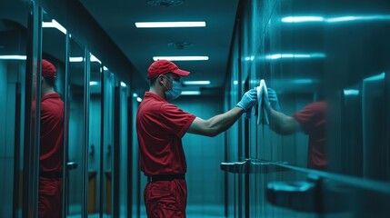 A janitor wearing gloves and a mask diligently cleans a shiny surface in a restroom