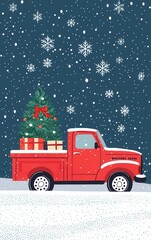 Red truck with Christmas tree, snowy background