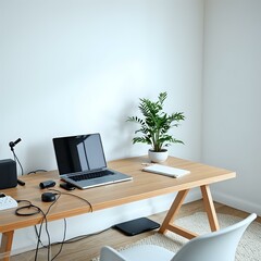 Modern Workspace: Laptop, Mug, Plant on Wooden Table