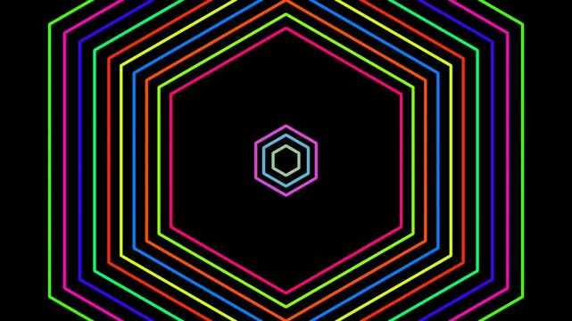 Hexagonal logo line animation with various colors and a blinking effect, along with a black background