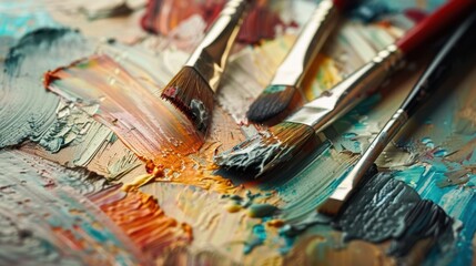 Fototapeta premium Vibrant Palette with Paintbrushes on Canvas