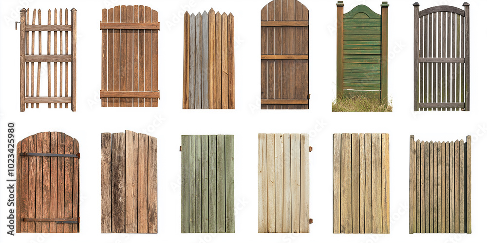 Poster Set of different old wooden gates standing in a row isolated on white background