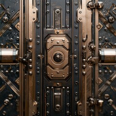 A vault door in close-up, showing intricate metallic details and reflections