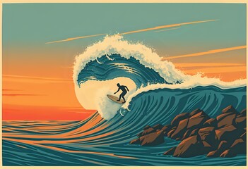 Sunset Surfing: Pro Rider Catching a Monster Wave