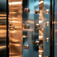 A vault door in close-up, showing metallic reflections and a sleek modern design