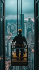 A worker in safety gear uses a lift to oversee the expansive cityscape at dusk
