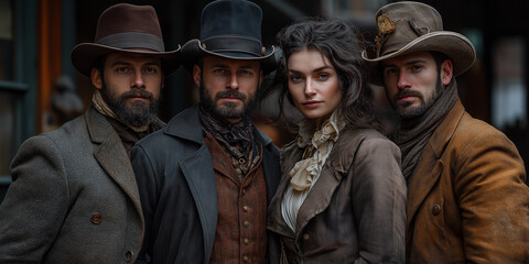 Group of cowboys and cowgirl posing in western town