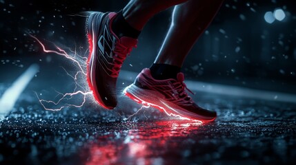 Runner in Motion with High-Tech Running Shoes in Night Rain - Sports and Fitness, Dynamic Action, Athletic Performance, Endurance Training, Generated AI