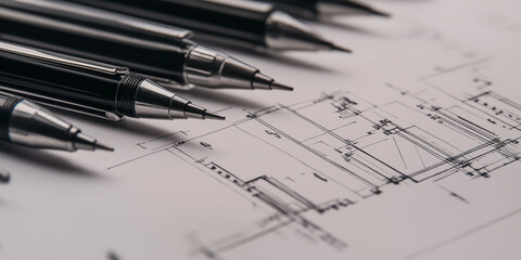 Technical drawing of house with drafting pencils lying on paper