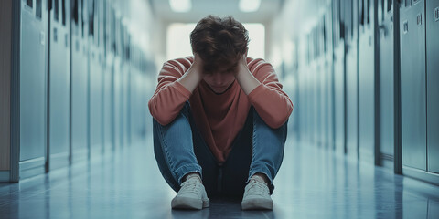 Sad and lonely student sitting on floor in school hallway