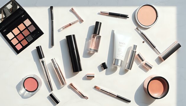 Professional Makeup Products on White Background - Beauty Essentials Collection - Powered by Adobe