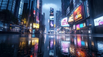 Rainy evening in a vibrant city center showcasing illuminated billboards and reflections on wet pavement