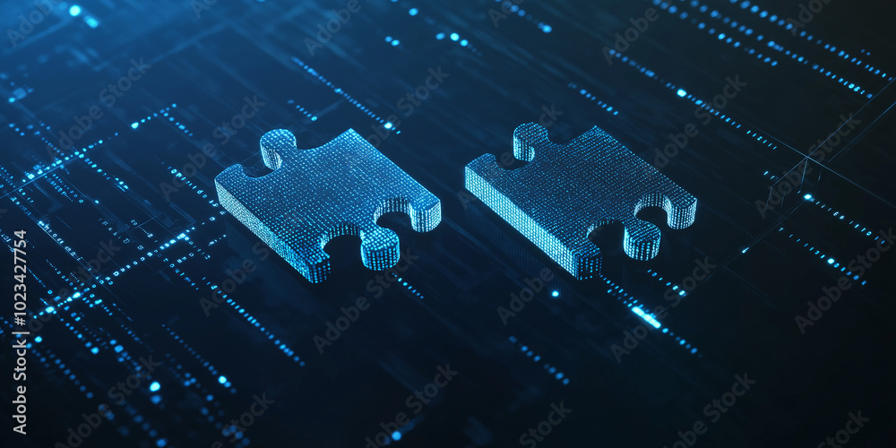 Poster Two puzzle pieces forming from data points over circuit board