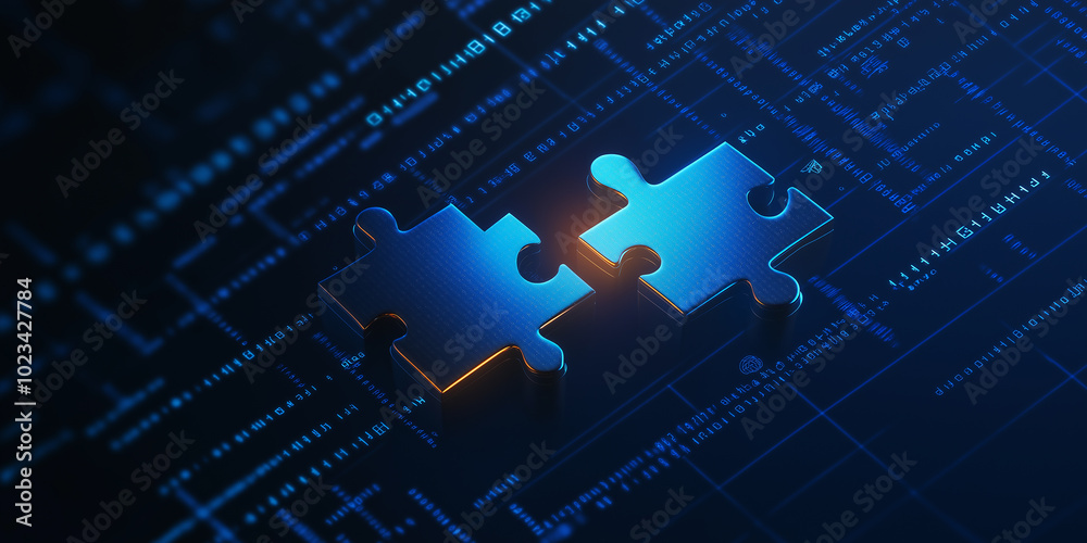 Aufkleber two puzzle pieces connecting over digital circuit board