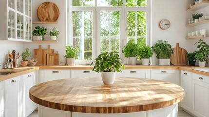 Spacious Modern Kitchen with Wooden Countertops and Fresh Herb Plants, Bright Sunlit Interior, Minimalist and Natural Design, Cozy Cooking Space, Generated AI