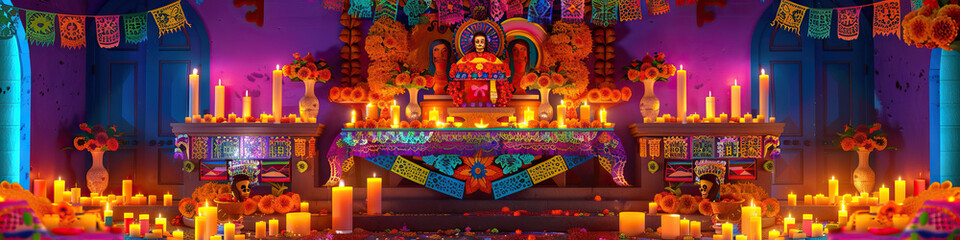Fototapeta premium An intricately decorated altar, adorned with colorful papel picado and candles, showcasing the vibrant rituals of the Mexican religion.
