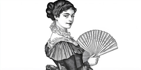 Elegant victorian woman holding a hand fan posing in a dress