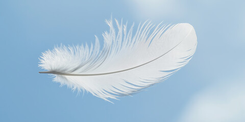 Naklejka premium Single white feather floating on blue sky background