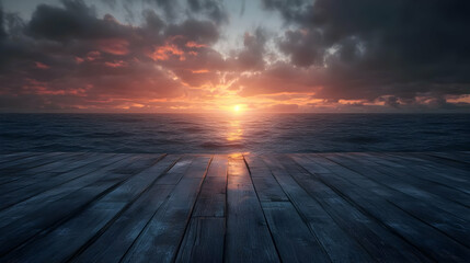 Dramatic Sunset Over Ocean with Wooden Deck Background