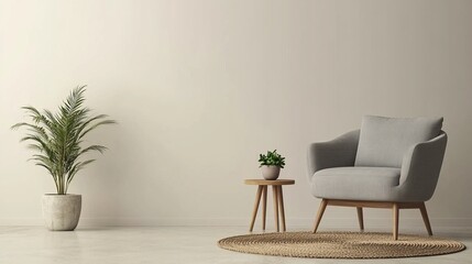 Minimalist Living Room with Armchair and Potted Plant, Modern Interior Design, Cozy Furniture, Scandinavian Style, Home Decor Inspiration, Generated AI