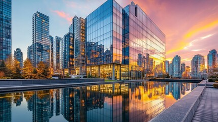 Modern Glass Skyscrapers Reflected in Water at Sunset, Featuring an Urban City Skyline. Vibrant Architecture and Downtown Reflection, Generated AI