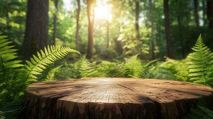 Tree Stump in a Sunlit Forest Surrounded by Ferns and Lush Greenery. Natural Woodland Environment and Outdoor Scenery, Generated AI