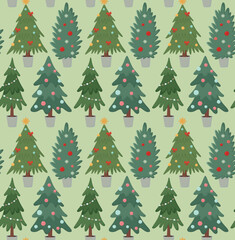 Seamless pattern with decorated Christmas trees. Cute background of hand drawn holiday decorations