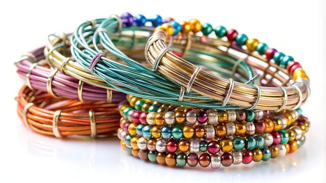 Handmade wire wrapped bracelet on white background with leading lines