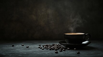 Steaming Espresso Cup with Coffee Beans on Rustic Dark Background with Copy Space for Text, Freshly Brewed Coffee, Generated AI