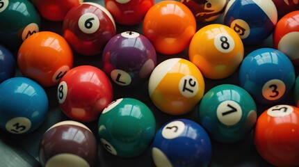 Colorful array of billiard balls in top view perspective