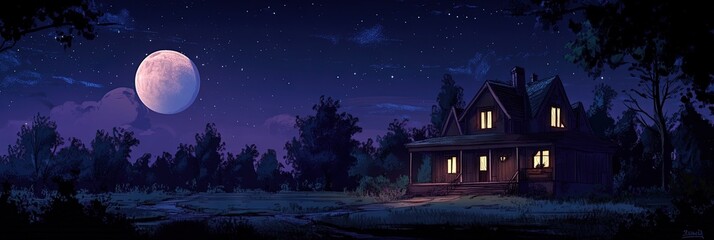 Naklejka premium 2D animated cartoon house at night 
