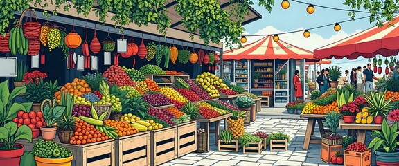 Vibrant Street Market with Fresh Produce, Umbrella, People - 21:9 Aspect Ratio