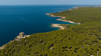 Aerial view of the tower of the Porto Selvaggio regional natural park in Salento. It is a protected natural area of ​​Puglia located in the province of Lecce.