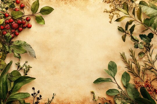 ayurvedic nature art, ayurvedic inspired background with natural elements leaves, herbs, plants in earthy tones for a serene vibe