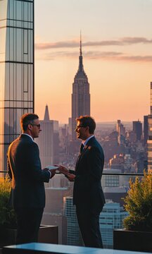 Two men in suits are standing on a balcony overlooking a city. They are talking to each other and one of them is holding a tablet. Scene is professional and serious