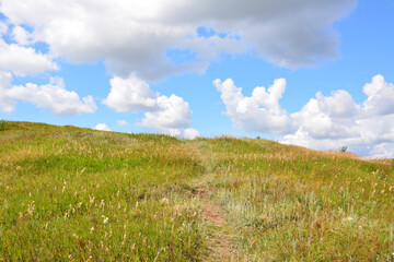 a grassy hill with a few clouds and a trail in the middle banner