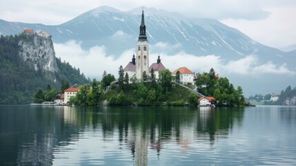 Fototapeta premium Stunning Aerial View of Bled Island and its Iconic Church Nestled in the Scenic Alpine Lake