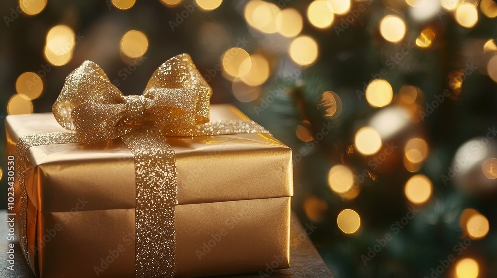 Poster christmas gift box on table with blur christmas tree and golden bokeh light background